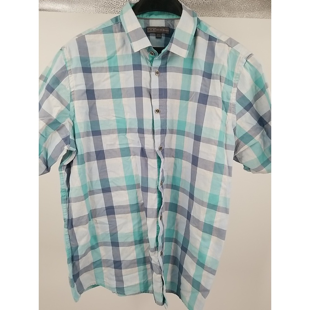 Ike Behar Mens XL Plaid Short Sleeve Button Up Shirt Blue Gray Casual Cotton